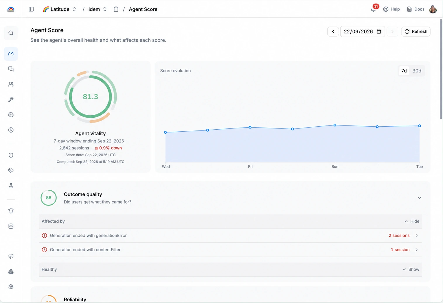 Latitude Agent Score interface: Agent vitality of 81.3 over a 7-day window of 2,642 sessions, the score evolution chart, and the Outcome quality card at 86 with its Affected by and Healthy signal groups.