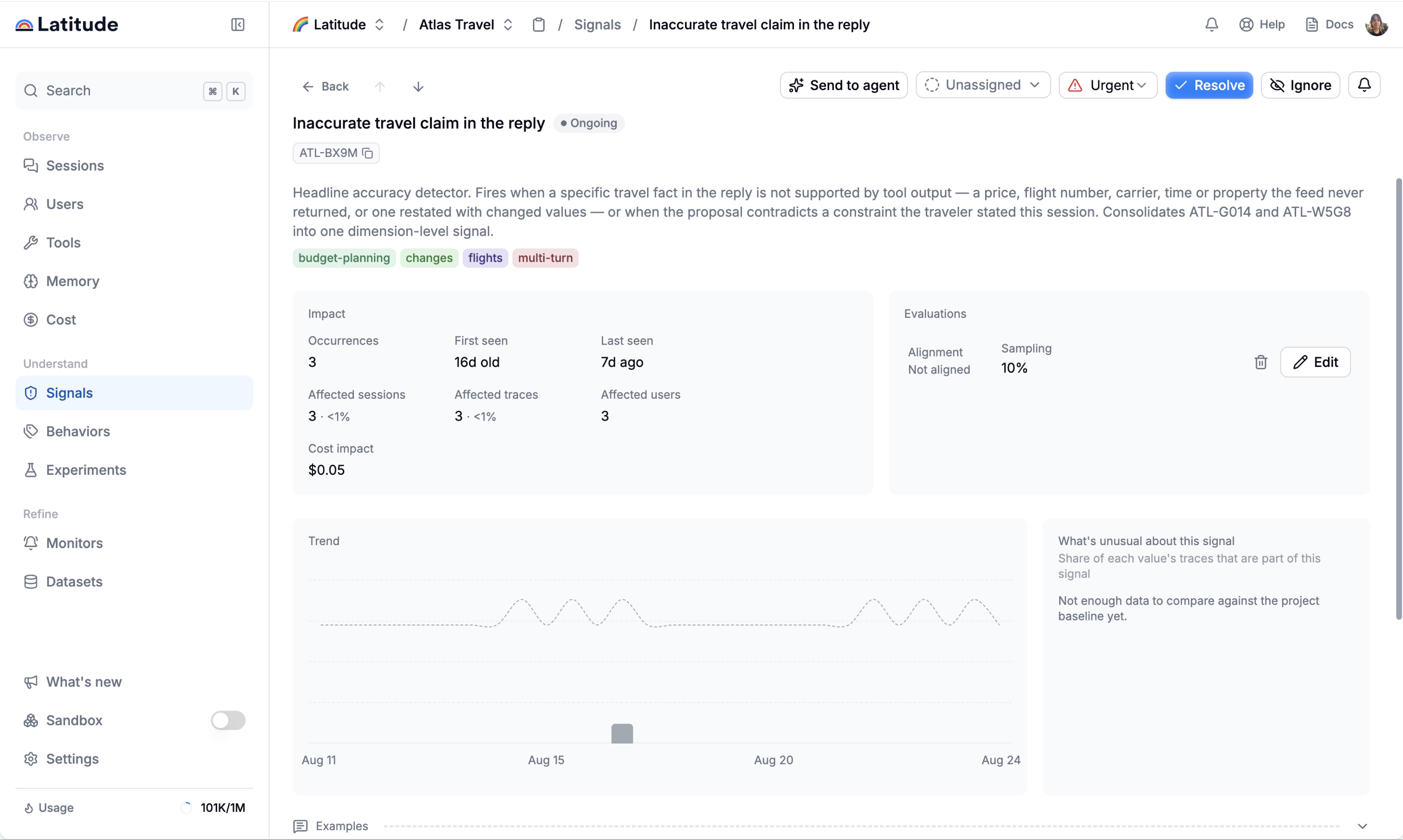 A Latitude Signal detail view showing three occurrences, three affected sessions, three affected traces, three affected users, cost impact, evaluation sampling, and a production trend