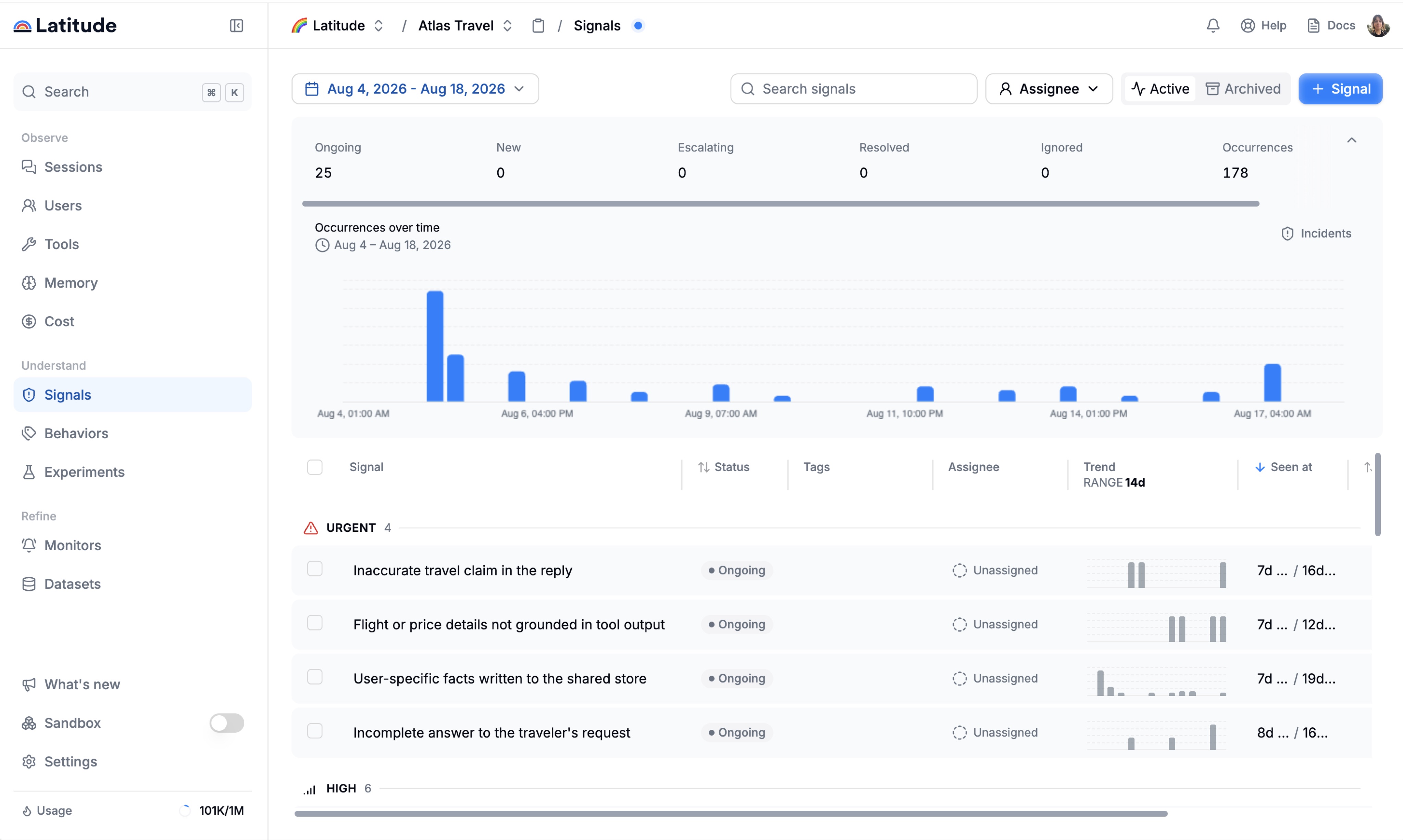 Latitude Signals view showing recurring production failures grouped by urgency, lifecycle status, occurrence history, and trend