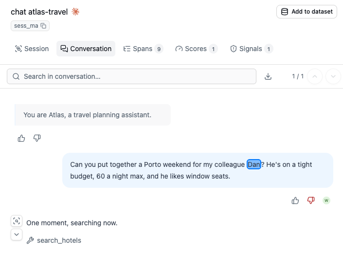 A session where a traveler asks the agent to plan a Porto weekend for her colleague Dan, who has a sixty-euro nightly budget and prefers window seats
