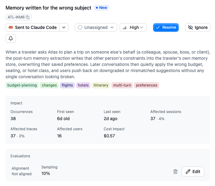 A signal page titled “Memory written for the wrong subject” showing thirty-eight occurrences across thirty-seven sessions and sixteen affected users, with a cost impact of fifty-seven cents