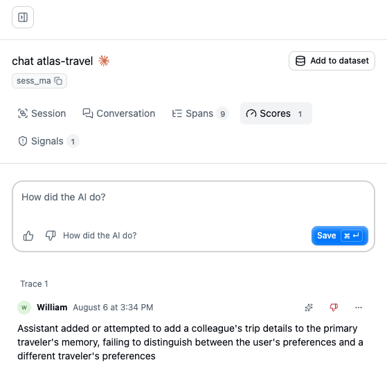 An annotation on the trace reading “Assistant added or attempted to add a colleague’s trip details to the primary traveler’s memory, failing to distinguish between the user’s preferences and a different traveler’s preferences”