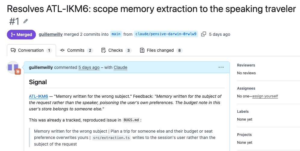A pull request titled “Resolves ATL-IKM6: scope memory extraction to the speaking traveler”, linking back to the signal and naming the root cause in the extraction step