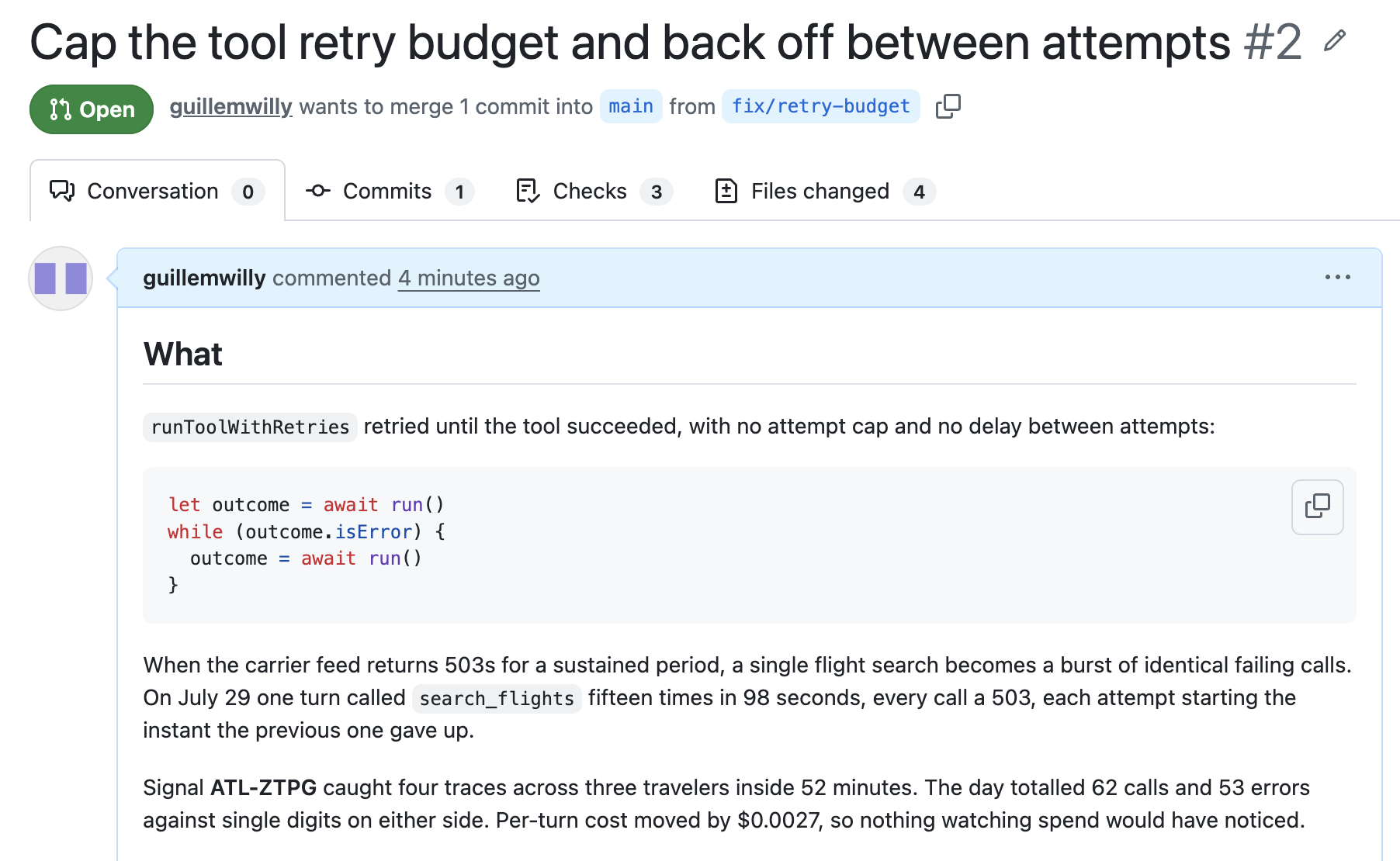A pull request titled “Cap the tool retry budget and back off between attempts”, merging one commit into main from a branch called fix/retry-budget. The description quotes the original four-line loop, then records that one turn called search_flights fifteen times in 98 seconds on July 29, and that signal ATL-ZTPG caught four traces across three travelers inside 52 minutes.